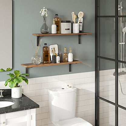 Long Wall Shelves, 31.5Inch Wooden Wall Mounted Shelves, Set of 2 | Floating Book Shelf, Metal Bracket Easy Assembly, Max Load 22lbs, Wall Storage Ledges, Bedroom/Bathroom/Kitchen, Rustic Brown - color: Rustic Brown, size: 31.5 Inch