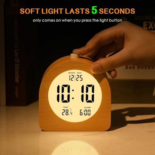 Plumeet Wooden Digital Alarm Clock for Bedrooms, Wood 4'' Battery Powered Alarm Clock with Snooze and Nightlight, Electronic LCD Desk Clock Display Time, Date, Temp, 12/24H, Wood Décor, Round, Brown - color: Brown, size: Semicircle 4.2''