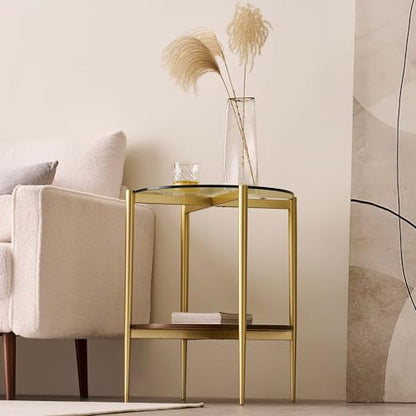 LumFurn D18in Round Glass End Table, Mid-Century Modern Design Side Table for Living Room, D18xH23inch, Clear Glass and Walnut MDF Wood, Conical Legs with Gold Finish Frame - color: D18" Clear & Walnut