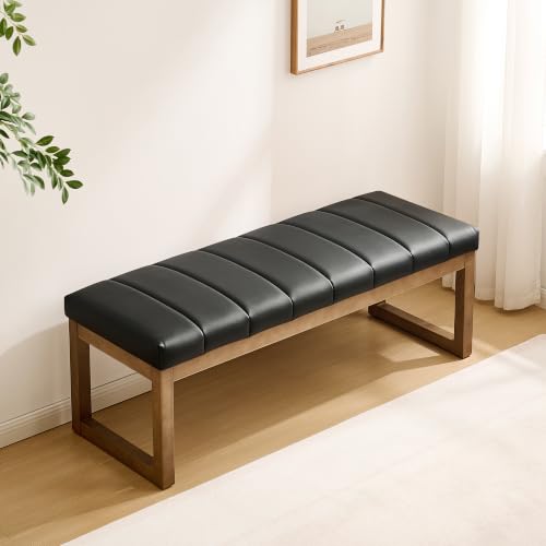 52.7" Bedroom Bench for End of Bed, Faux Leather Entryway Bench (Black-PU) | Modern Upholstered Dining Bench & Footrest Stool Bench with Solid Wood Frame for Bedroom, Living Room - color: Black-pu