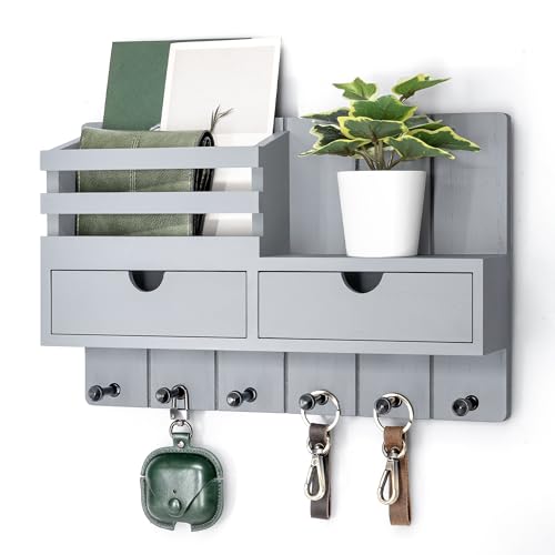 Rebee Vision Key Holder Wall Mount with 2 Drawers for Home Decor, Gray | Stylish Mail Holder for Wall, Drawer Organizer, 6 Key Hooks, Plant Display, Modern Apartment Essentials, Aesthetic Room Decor - color: Gray