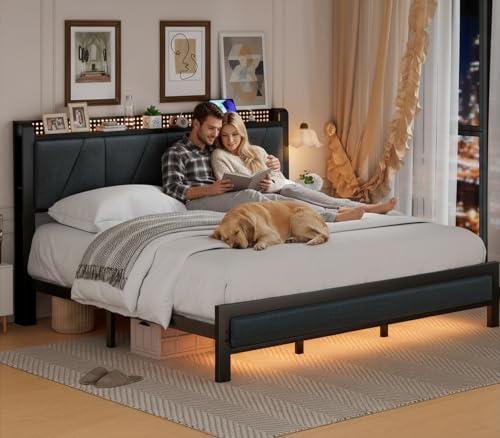 King Size Bed Frame with Storage Shelf and Upholstered Headboard | Metal Platform Bed with LED Light, Charging Station and Heavy Duty Slats, No Box Spring Needed, Noise Free & Easy Assembly - size: King, style: Bed Frame