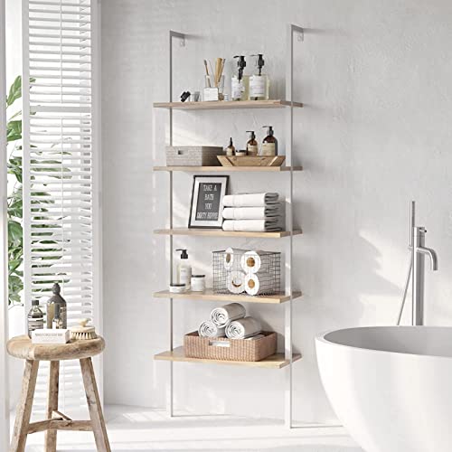Industrial Bookcase Ladder Shelf, 5-Tier Wall Mounted Bookshelf Open Display Rack, Wood Storage Shelves for Bedroom, Home Office, Collection, Entryway and Hallway, Walnut