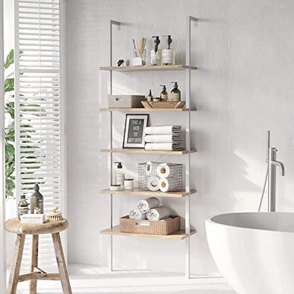 Industrial Bookcase Ladder Shelf, 5-Tier Wall Mounted Bookshelf Open Display Rack, Wood Storage Shelves for Bedroom, Home Office, Collection, Entryway and Hallway, Walnut