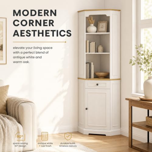68" Tall Corner Cabinet with Adjustable Shelves | Bar Storage Cabinet with Drawer & Door, Freestanding Wood Corner Bookshelf for Bathroom, Living room, Dining room & Kitchen