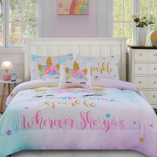 Cokouchyi Full Size Comforter Set for Girls, 6-Piece Bed in a Bag, 3D Colorful Unicorn Bedding Comforter Sheet Set, Ultra Soft and Fluffy, Pink & Rainbow Color - color: Unicorn 6-piece, size: Full