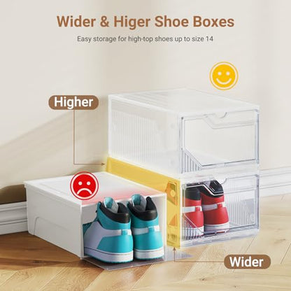 BROVIEW XX-Large Shoe Sneaker Storage Boxes for Size 14, 1 Pack Shoe Boxes | Stackable & Thicken Clear Plastic Shoe Organizers for Entryway Closet, Shoe Container Display Case w/ Magnetic Door - size: 1 pack