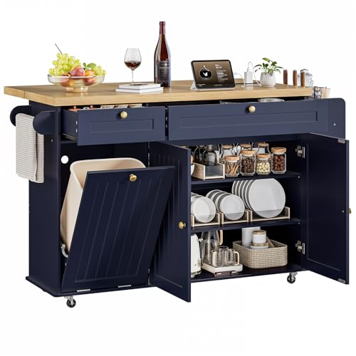 60" Kitchen Island with Power Outlet & Drop Leaf, Rolling Island with Spice Rack & Towel Rack, Kitchen Island Cart with Trash Storage Cabinet, Island Table for Kitchen, Blue - color: Blue