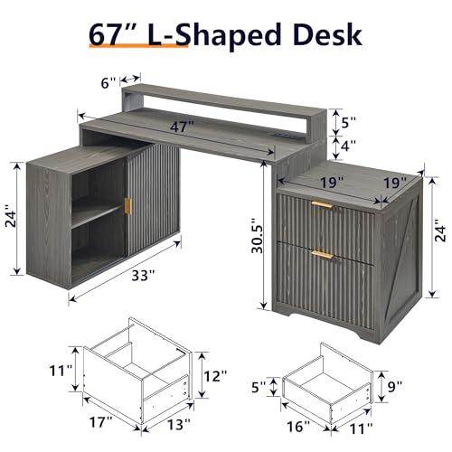 Modern L Shaped Desk with Storage Cabinet & Drawers, Wood Home Office Desk with Power Outlets, Fluted Computer Writing Desk - color: Grayish Green, size: 33"D x 67"W x 35.5"H