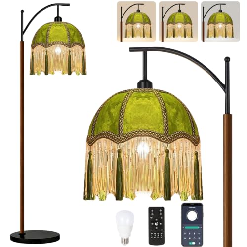 ILLMTW Fringe Floor Lamp for Living Room,Bedroom,Victorian Standing Lamp with Remote Dimmable,Green Mid Century Black Arc Tall Lamp Boho Vintage Retro Wood Tassel Flower Unique Lamp Tiffany Decor - size: Floor Lamp---18