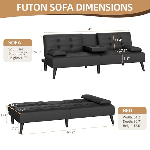 Shintenchi Futon Sofa Bed, Leather Foldable Futon Couch, Reclining Sleeper with Removable Armrests, Upholstered Loveseat Sofa Couch with Folding Cup Holders for Home, Office(Black)