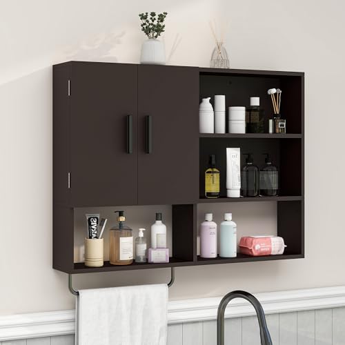 Bathroom Wall Cabinet with Towel Bar & 2 Doors, Espresso - color: Espresso