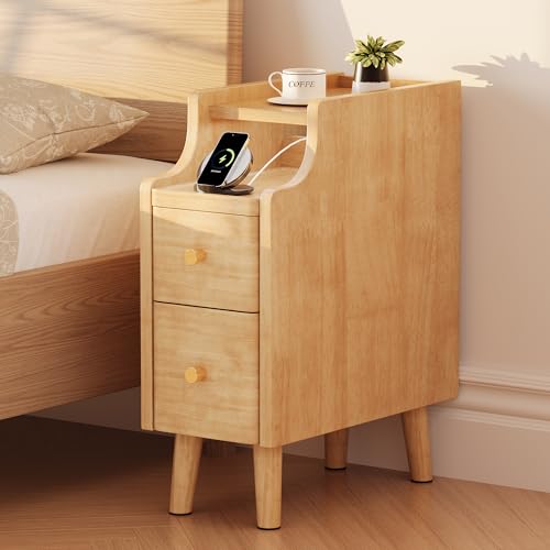 Narrow Nightstand with Drawers, 7.9" Solid Wood Side Table for Small Spaces, Small Bedside Table for Bedroom with Pull-Out Tray, Natural - color: Natural, size: 8"