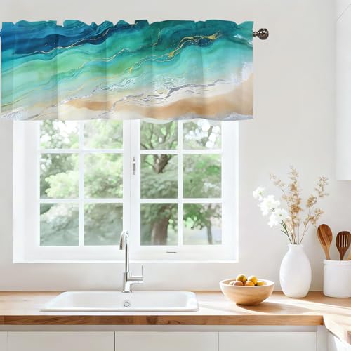 Marble Kitchen Valance Curtains, Sheer Rod Pocket Short Teal Blue 42x12 in | Valances for Windows in Kitchen, Bathroom, Laundry and Basement - color: Teal, size: 42"W x 12"L (Pack of 1)