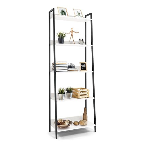 CAPHAUS 5 Tier Ladder Bookshelf, 24 Inch Width Free Standing Shelf, Bookcase Shelf Storage Rack Organizer, Industrial Book Shelves for Home Office, Living Room, Kitchen, White, Vintage Shelves - color: White, size: 5-Tier