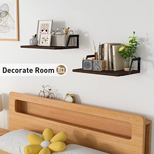 SRIWATANA Dark Walnut Deep Floating Shelves, Set of 2 Wood Wall Shelf Unit | Sturdy Rustic Wood Organizers; Large Capacity Spacious Hanging Boards to Display Books, Plants, Kitchen Spices - color: Dark Walnut