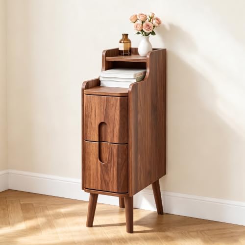 FurSch Narrow Nightstand, Wooden 2 Drawer, Walnut, 1 pc - color: Walnut 3-1 Pc