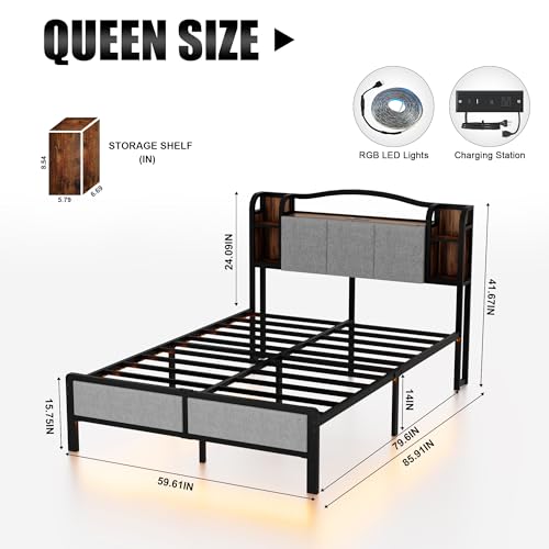 AROMUSTIM Queen Size Bed Frame with LED Lights & Charging Station | Upholstered Headboard & Footboard, No Box Spring Needed, Noise-Free Easy Assembly, Large Under Bed Storage - size: Queen