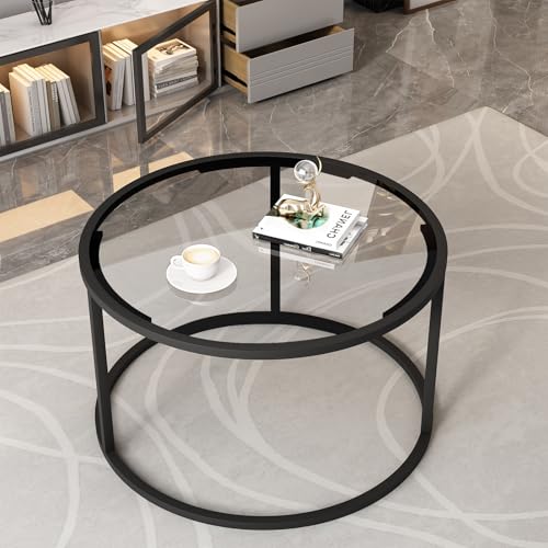 Round Coffee Table,Small Black Coffee Table for Living Room,27" Modern Center Table,Glass Top Clear Coffee Table with Sturdy Metal Frame for for Living Room Home Office, Easy Assembly,Black - color: Black, style: Round