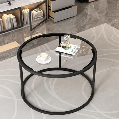 Round Coffee Table,Small Black Coffee Table for Living Room,27" Modern Center Table,Glass Top Clear Coffee Table with Sturdy Metal Frame for for Living Room Home Office, Easy Assembly,Black - color: Black, style: Round