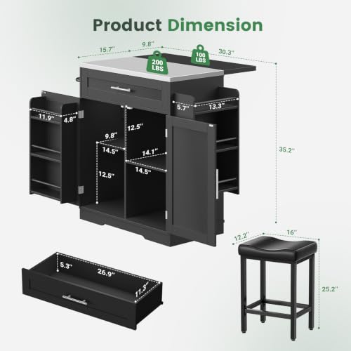 Dripex 41'' Kitchen Islands Foldable with Stainless Steel Top & Seating, Rolling Island Table for Kitchen with Drop Leaf, Bar Stool, Power Outlet, Adjustable Storage Shelves, Spice Rack, Black - color: Black