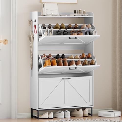 Shoe Cabinet Storage for Entryway, Shoe Storage Cabinet with 3 Flip Drawers, Freestanding Narrow Shoe Rack Organizer with Metal Legs & Side Hook for Foyer, Hallway, White - color: White, style: 3 Drawers
