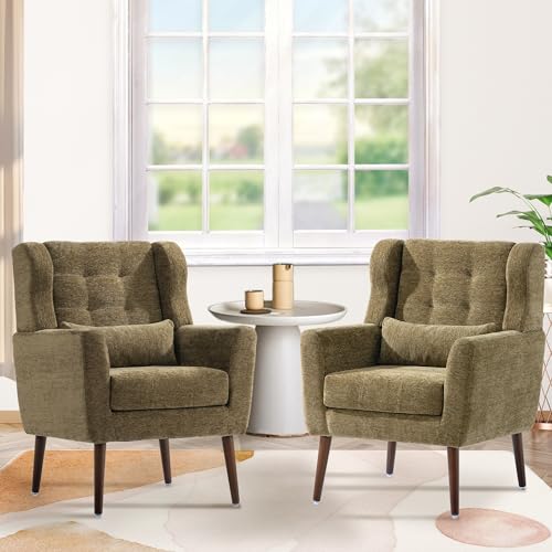Modern Accent Chair, Upholstered Armchair with Pillow, Fabric Single Sofa Chair with Lounge Seat and Wood Legs Accent Chair for Living Room Bedroom Small Spaces (Avocado, Set of 2) - color: Avocado, size: Set of 2