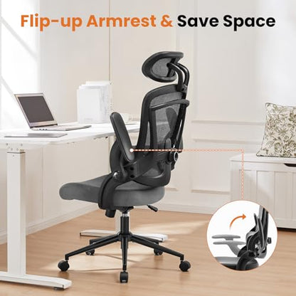 DUMOS Executive Home Office Chair, Ergonomic Computer Desk Chair, Mesh | 300 LBS, High Back, 2D Headrest, Adjustable Lumbar Support, Flip-up Armrests, Swivel Wheels, Gray - color: Grey