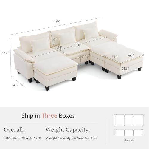 118" Modular Sectional Sofa with Storage, Comfy Cloud Couch Sleeper | Chaise Lounge, Deep Seat, Moveable Ottoman, Throw Pillows, Cloud Comfort Couches for Living Room Bedroom, Chenille Beige - color: Beige, size: 118"- 6 Seat