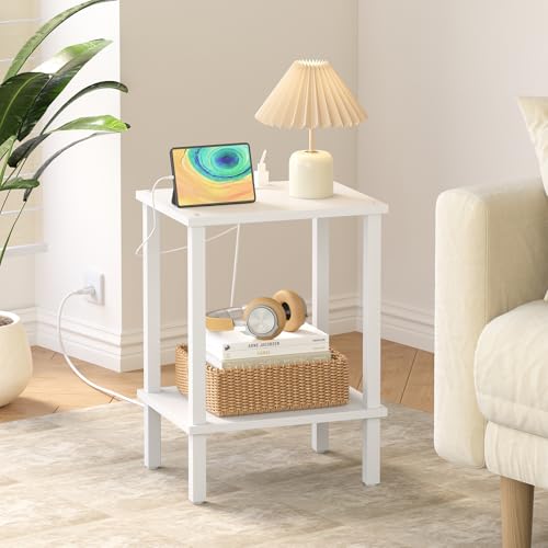 TUTOTAK End Table with Charging Station, Side Table Set of 2, Nightstand | 2-Tier Storage Shelf, Bedside Table with USB Ports, Sofa Table for Small Space, Livingroom, Bedroom White TB01BW041 - color: White
