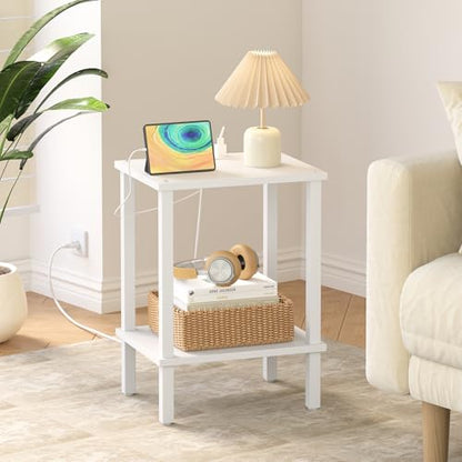 TUTOTAK End Table with Charging Station, Side Table Set of 2, Nightstand | 2-Tier Storage Shelf, Bedside Table with USB Ports, Sofa Table for Small Space, Livingroom, Bedroom White TB01BW041 - color: White