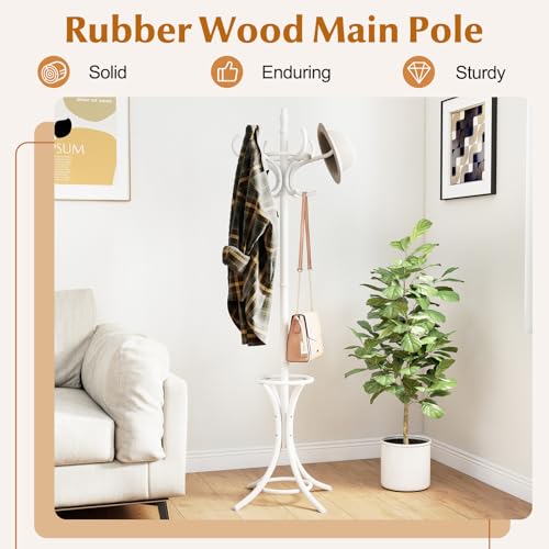 Giantex Solid Wood Coat Rack, Freestanding Hall Tree w/12 Hooks, Umbrella Holder, Entryway Hanger Stand for Coat, Hats, Scarves, Bags, Wooden Garment Rack for Bedroom, Hallway (White) - color: White