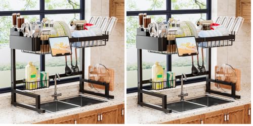 ilvvan Over Sink Dish Drying Rack (Expandable Height/Length) Snap-On Design Large Dish Drainer Storage Counter Organizer 24" - 35.5"(L) x 12"(W) x 19" - 22"(H) (Pack of 2) - size: 24" - 35.5"(L) x 12"(W) x 19" - 22"(H) (Pack of 2)