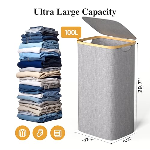 Foluck Large Laundry Hamper, 100L Waterproof Laundry Basket with Lid and Removable Bag, Collapsible Tall Clothes Hamper with Bamboo Handles for Clothes Toys in Dorm Bedroom Bathroom, Grey - color: Grey, size: 100L