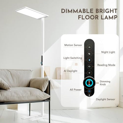100W Led Floor Lamp Motion Sensor, 9000LM Eye Care Reading Light | 77" Tall Floor Lamp, 4000K Daylight, Full Spectrum, RG0, CRI≥97, Dimmable Bright Standing Lamp for Home Office, Living Room