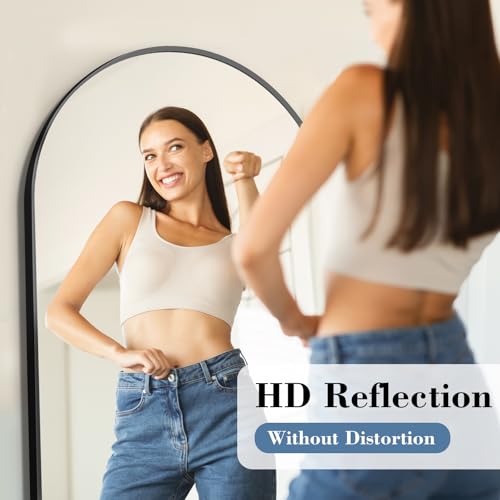 DUMOS 56"x21" Arched Full Length Mirror with Stand, Full Body Floor Mirror | Free Standing or Wall Mount, Nano Glass Aluminum Frame, Hanging or Leaning, Modern Simple Home Decor, Black - color: Black-rounded, size: 56"L x 21"W