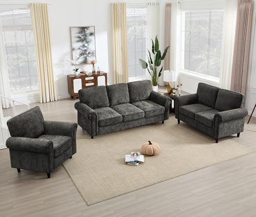Loveseat 2&3 Seater Couch with Chair, Mid Century Modern Chenille Sofa Set with Rolled Arms and Deep Seats, Fluffy Comfort for Living Room, Apartment, Easy Assembly, Grey - color: Grey, size: Chenille Standard + Loveseat + Chair