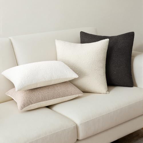 Neutral Grey Contrast Color Boucle Pillow Cover Set of 4 Complete Sofa Layering Set for One-Stop Shopping Modern Farmhouse & Neutral Chair Sofa Couch Bedding Room Decor (12"x20"x2,18"x18",20"x20") - color: Neutral Grey, size: 20" x 12" (Pack of 4)