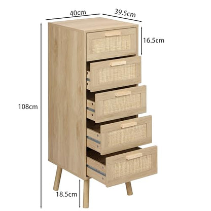 Finnhomy Rattan Dresser for Bedroom, Tall Dresser with 5 Hand Made Rattan Decorated Drawers, Small Chest of Drawers for Living Room, Closet, Hallway, Natural - size: 15.6"D x 15.7"W x 42.1"H (5 Drawers)