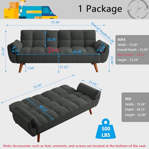 Futon Sofa Bed Modern Convertible Sleeper Sofa, 75” Linen Twin Size Futon Couch Comfy Recliner Sofa Couch with Adjustable Split Backrest for Living Room Small Spaces, Dark Grey - color: Dark Grey