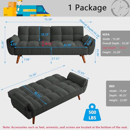 Futon Sofa Bed Modern Convertible Sleeper Sofa, 75” Linen Twin Size Futon Couch Comfy Recliner Sofa Couch with Adjustable Split Backrest for Living Room Small Spaces, Dark Grey - color: Dark Grey