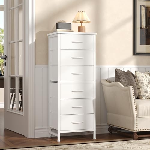 Sweetcrispy Tall Fabric Dresser for Bedroom, 6 Drawer Chest of Drawers | Narrow Storage Tower with Wood Top and Metal Frame, Vertical Nightstand for Closet, Bedroom Organization Furniture, White - color: White, size: 11.8"D x 15.7"W x 39.4"H (6 Drawers)