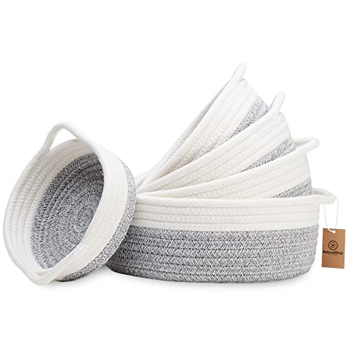 NaturalCozy 5-Piece Round Woven Cotton Rope Storage Baskets for Organizing, Small Shallow Nesting Set for Montessori Toys, Entryway Catchall, Fruit Bowl, Key Tray, Remote Holder, Nursery & Pet Toys - color: Off White & Mixed Gray
