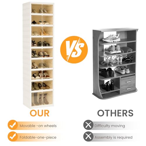 Foldable Shoe Organizer Storage Box, Portable Extra Large Folding Shoe Rack for Closet, Shoe Storage Box with Magnetic Transparent Door and Wheels, 9 Layers 18 Grids with 2 Big Grids - size: White 9 Layers-B