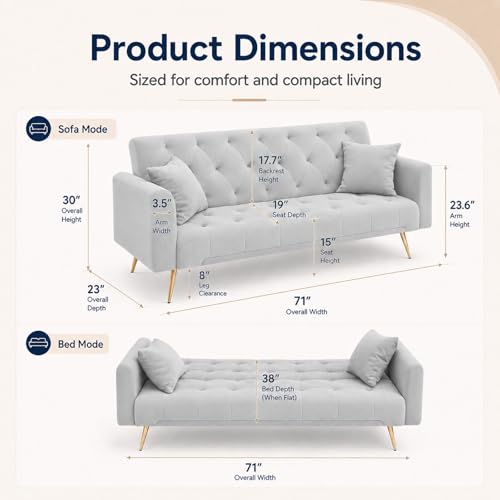 Majnesvon 71" Convertible Folding Sleeper Sofa Couch,Modern Velvet Loveseat Sleeper with 2 Pillows, Futon Sofa Bed with Mattress and Frame for Living Room,Bedroom,Small Space (Grey) - color: Grey