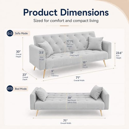 Majnesvon 71" Convertible Folding Sleeper Sofa Couch,Modern Velvet Loveseat Sleeper with 2 Pillows, Futon Sofa Bed with Mattress and Frame for Living Room,Bedroom,Small Space (Grey) - color: Grey