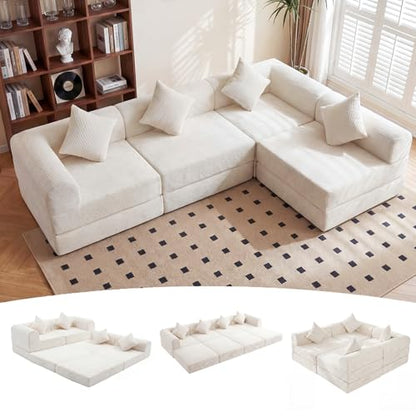 112" L Shaped Modular Sectional Sofa with Ottoman, Cloud Boneless Couch Deep Seat with 4 Pillows, Oversized Folding Sofa Bed Couches for Living Room Bedroom,No Assembly-White - color: Cream, size: 4 Seat