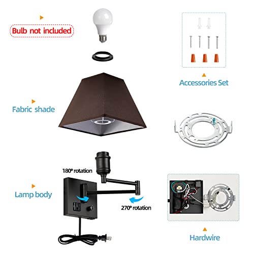 Swing Arm Wall Lamp.Plug in Wall Sconces with USB Port and AC Outlet.Sconces Wall Lighting Coffee Fabric Shade with Dimmable Switch for Hallway Bedroom Living Room.Black Finish. - color: Black