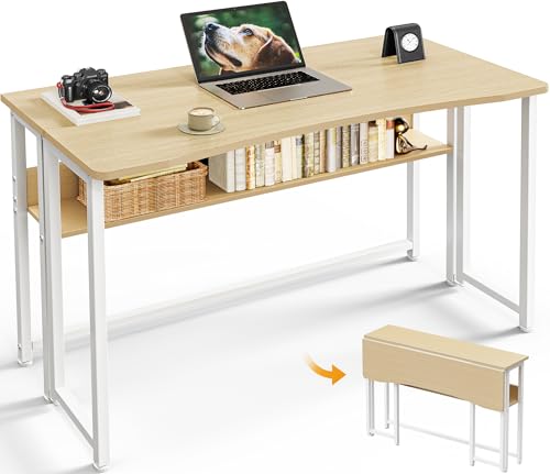 Huuger Folding Desk with Storage Shelf, 39.3 Inch Foldable Computer Table | Writing Work Office Computer Desk for Small Spaces, Space Saving Sofa Table for Couch, Easy to Fold, Oak - color: Oak, size: 18.5"D x 39.4"W