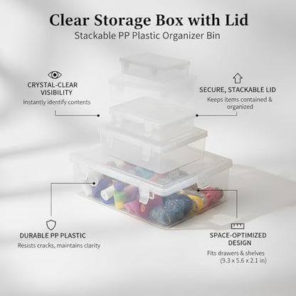 Stackable Clear Plastic Storage Bins with Lids, Transparent PP Organizer Boxes for Drawers, Shelves, and Desktops - size: 10.43 x 7.95 x 2.83 in